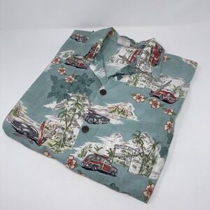 Vtg Go Barefoot Mens XL Hawaiian Aloha Shirt Cars Barefoot Bar